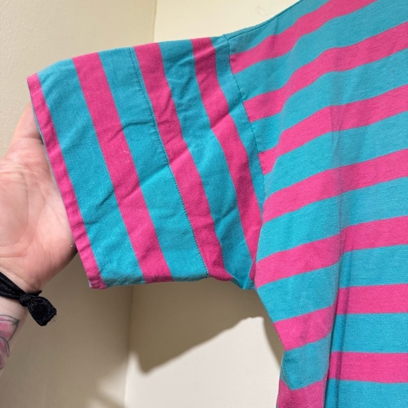 Unisex Striped Teal and Pink Shirt Vintage Single Stitch Cotton T-Shirt Size M - Picture 6 of 16